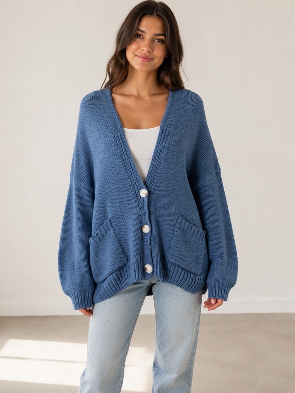 V Neck Button Down Cable Knit Chenille Cardigan
